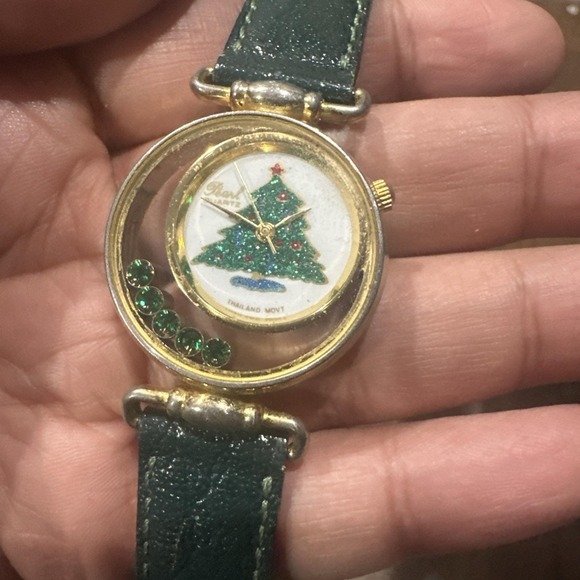 Pearl Accessories - Works Vtg PEARL Christmas Tree Dial Watch Women Quartz Leather NEW BATTERY 30mm